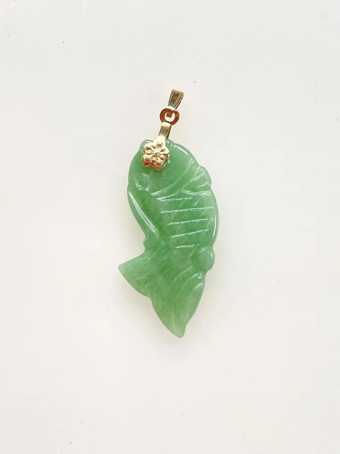 Vintage Chinese Light Green Jade Jadeite Gold tone Fish Koi Carp Pendant 1.7"