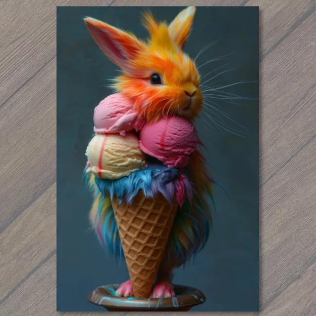 POSTCARD Bunny Rabbit Delighting in Ice Cream Cone Bliss Cute Fun Scoop Unusual