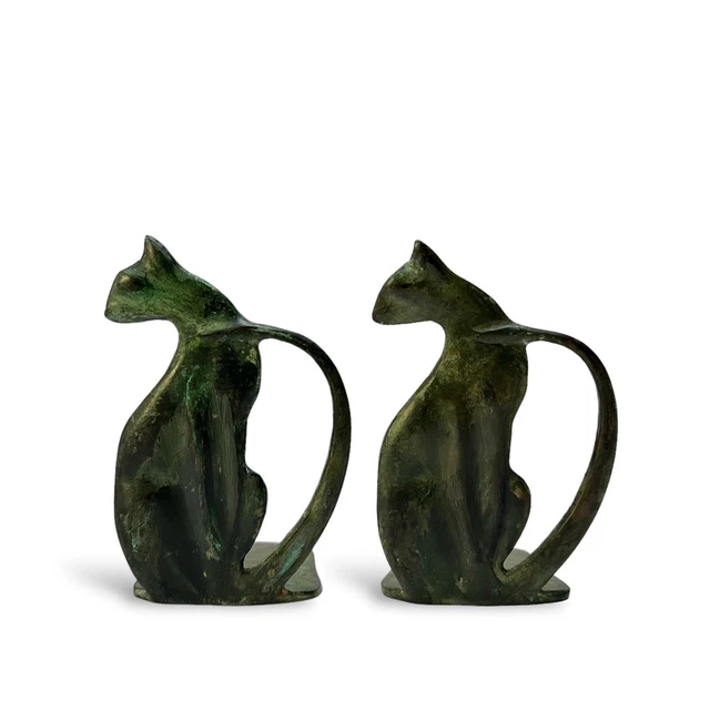 Vintage Pair of Cast Bronze Seated Cat Bookends Patina Art Nouveau Style