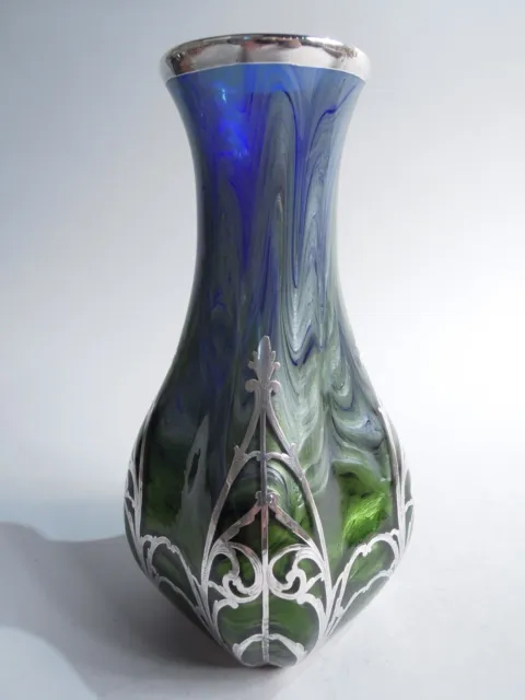 Loetz Titania Vase Antique Art Nouveau Austrian Green Blue Glass Silver Overlay