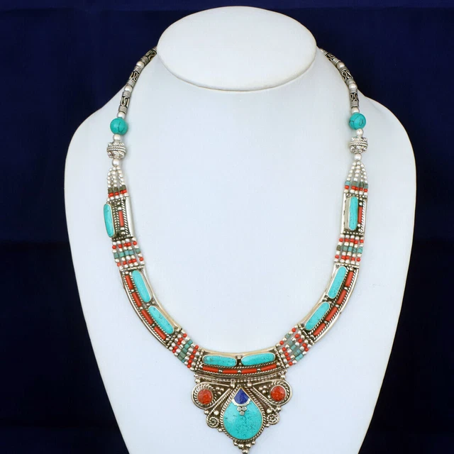 Tibetan Natural Turquoise Coral Beads Necklace Handmade Beaded Super Jewelry