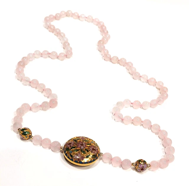 Necklace - Rose Quartz Beads with Gold Pink Green Cloisonne Pendant