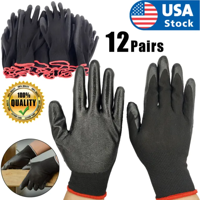 USA 12 Pairs Work Gloves Ultra-Thin Safety Polyurethane Coated Nylon Shell Black