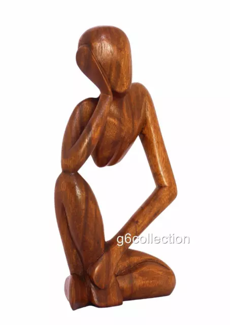 12" Wooden Hand Carved Abstract Thinking Statue Wood Thinker Sculpture Figurine 2