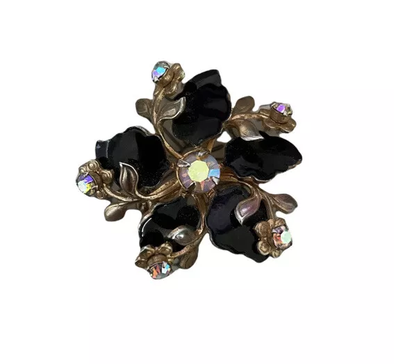 Vintage Brooch Pin Jewelry Black Enamel Rhinestone Leaf Flower Floral Flower Pin