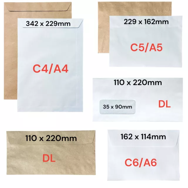 Envelopes Sealable Paper 70gsm Envelope C6/A6 C5/A5 C4/A4 DL Brown White Manilla