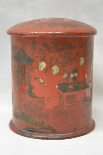 Antique Papier-mâché Lacquered Oriental Box 11cm high x 9cm diameter