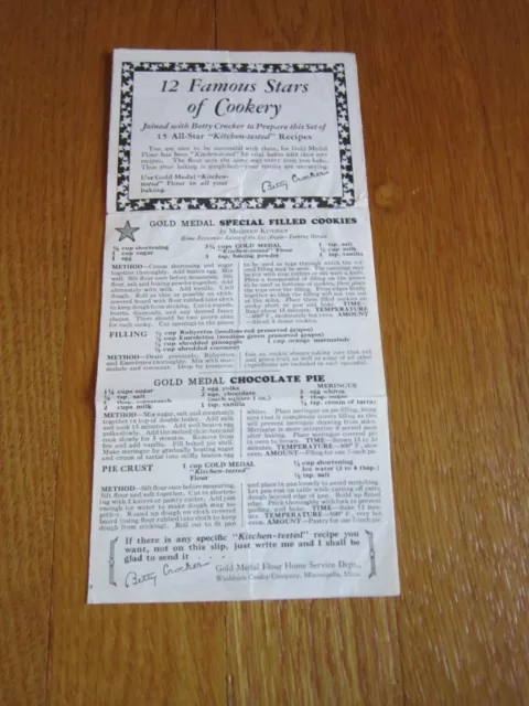 Vtg 1930's Betty Crocker Gold Medal Flour Recipe Sheet, Coupons Insert Rare