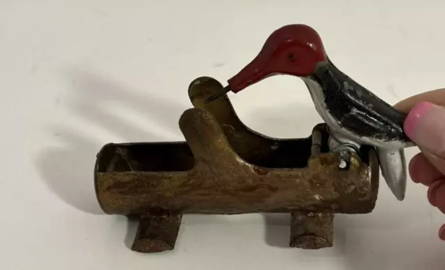 VintageCast Iron Metal Woodpecker On Log Toothpick Dispenser Hand Painted