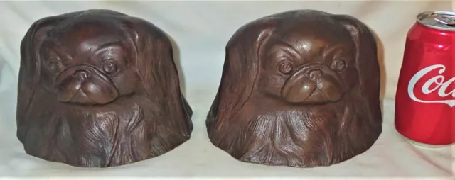 Sign Pair Pekingese Bronze Dog Bust Head Bookends Doorstops Art Statue Sculpture