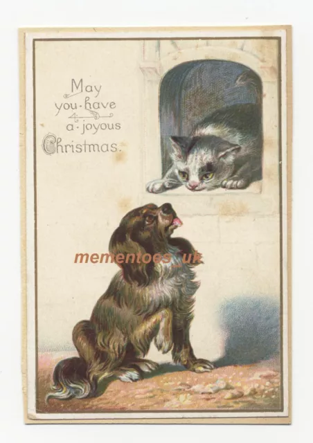 Greeting Card Victorian Cat & Dog playing  New Year 1885 Joyous Christmas scraps