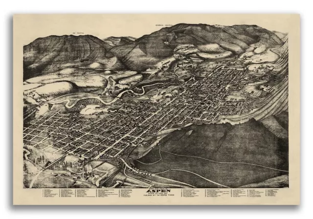 1893 Aspen CO Vintage Old Panoramic City Map - 24x36