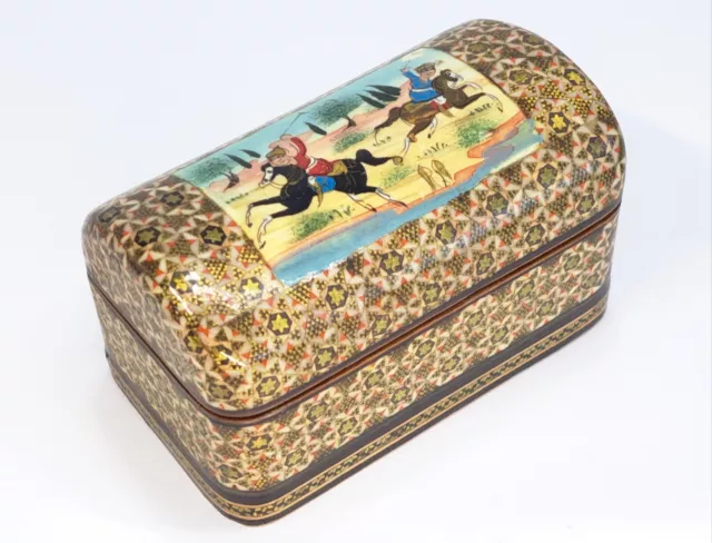 Vintage Persian Khatam Inlay Wood Trinket Box Handpainted Warriors On Horseback