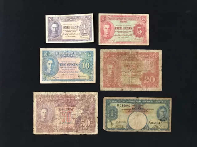 Malaya 1, 5, 10, 20, 50 Cents & 1 Dollar Banknotes 1941 Old Bank Bills 6Pcs/Lot