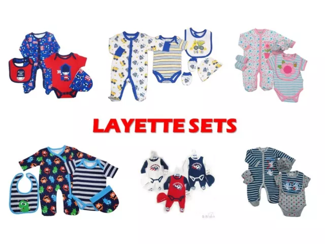 Baby Boys Girls 3-4-5 Piece Layette Sets Babygrows Sleepsuits Bodysuit Vests