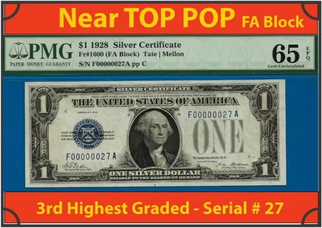 Near TOP POP ✅1928 $1 S/C ➡️ 3rd Finest 🔴 2 Digit # 27 ⬅️ PMG 65EPQ - FA Block