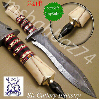 Beautiful Custom Hand Made Damascus Steel Hunting Dagger Knife Handle Bone