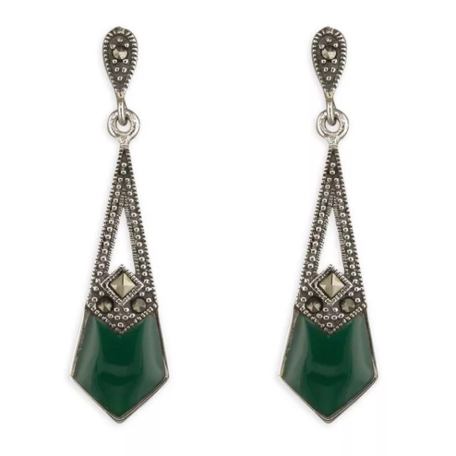 Art Deco Green Agate and Marcasite Angular Earrings Solid Sterling Silver