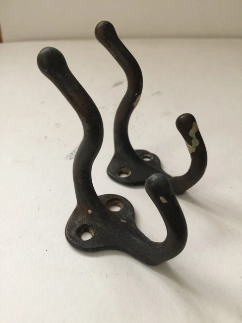Vintage Lot of 2 Cast Iron Double Coat Hat Hooks