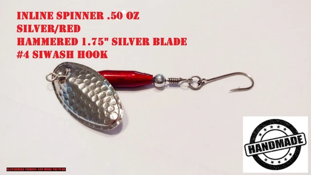 .50 OZ Inline Spinner SILVER-RED /Hammered Silver Blade 1.75"/ #4 Siwash Hook