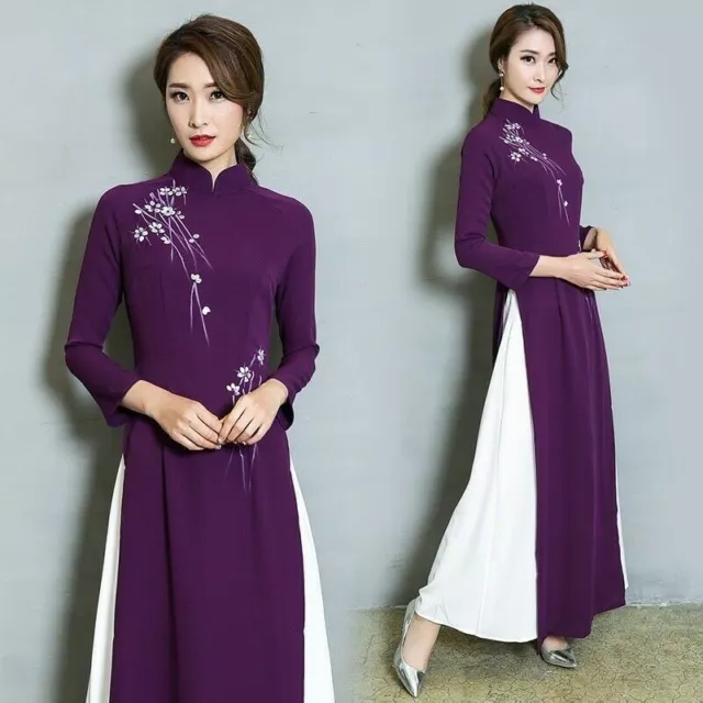 Lady Floral Long Dress Chinese Traditional Mandarin Collar Cheongsam Qipao Retro