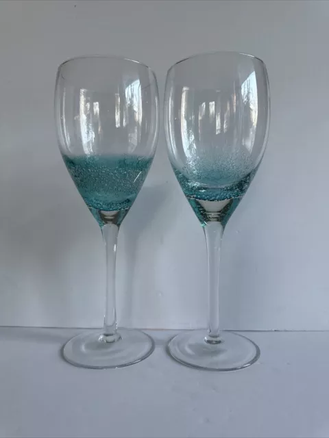 ROSCHER & Co Wine Glass 9.5" Goblets Stemware Aqua Teal Blue Blown Bubbles set 2