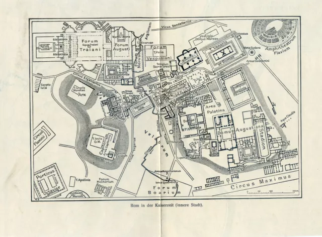 Alter Druck Landkarte Rom in der Kaiserzeit innere Stadt Italien Stadtplan