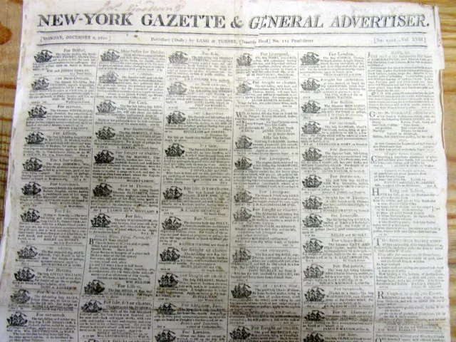 1805 New York City newspaper with 86 ILLUSTRATED SAILING SHIP ADS on front page