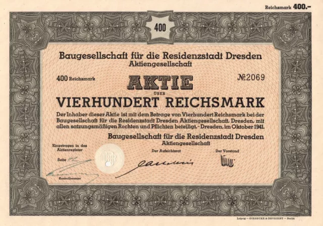 Baugesellschaft für die Residenzstadt Dresden AG - Aktie - 400 RM - Dresden 1941