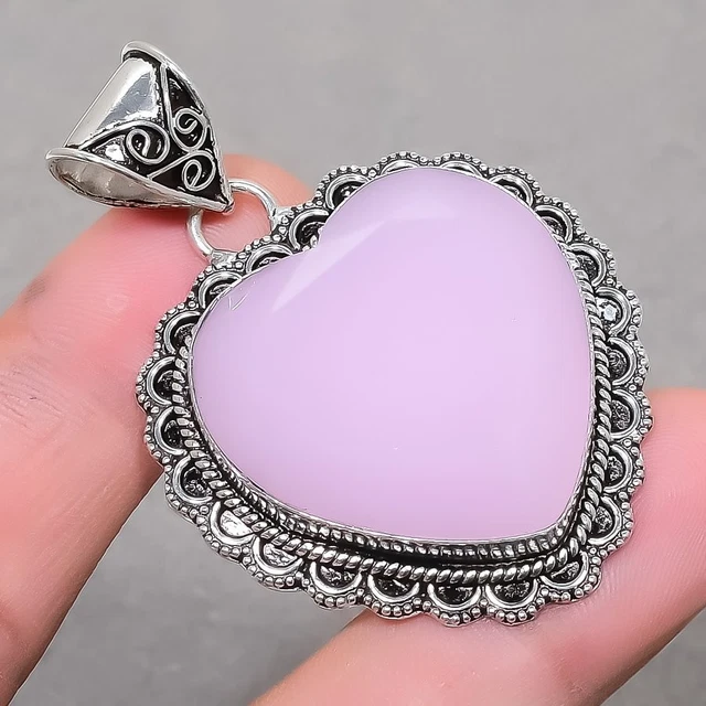 Pendentif Cœur Quartz Rose Facetté Vintage Fait Main - 2.3 Pouces - Argenté Plaqué
