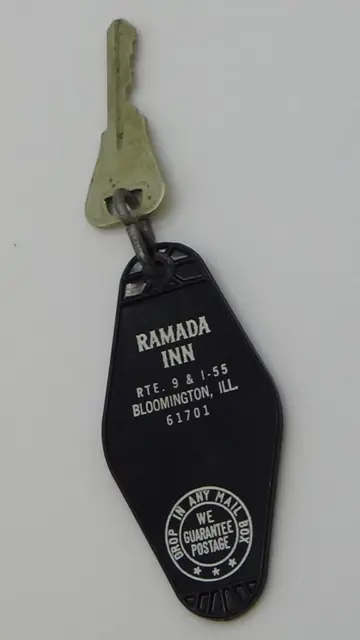 Vintage Hotel Motel Room Key and Fob Ramada Inn Bloomington Illinois