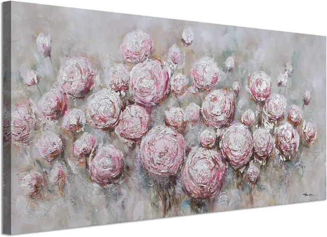 Pink Flowers Canvas Wall Art Rose Painting Abstract Bloosom Silver Textures Pict