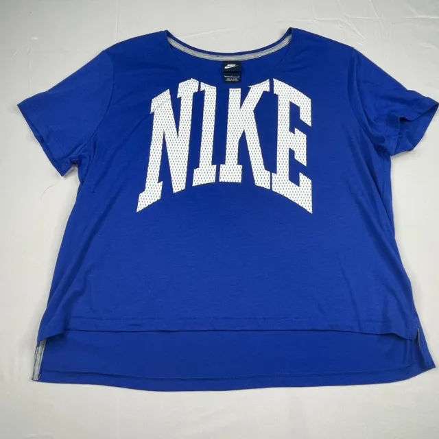 Nike T Shirt Women Large Blue Short Sleeve Tee Big NIKE Spell Out Logo Crew Neck