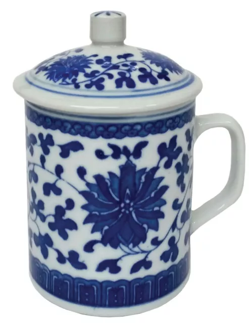 Chinese Porcelain Lidded Mug - Blue and White - Floral Pattern