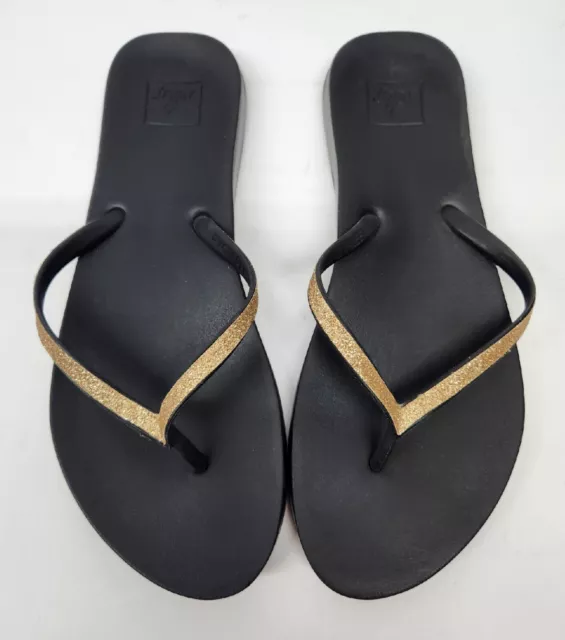 REEF Women's Size 6-7 Black Gold Sequin Thong Flip Flops Sandals