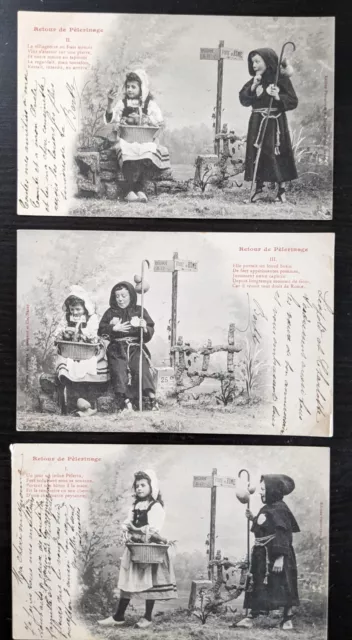 French Story Series Monk Friar Meets Peasant Girl While Travelling 3 Postcards