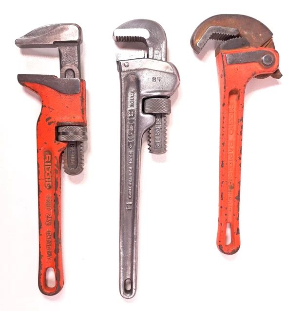 3 RIDGID Wrenches: Adjustable Spud 2⅝", #14 Straight Pipe Wrench, RapidGrip HD12