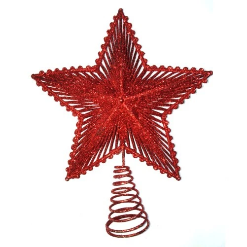 Puntale Albero Di Natale Stella Natalizia Rossa Brillantinata Decorazione Festa