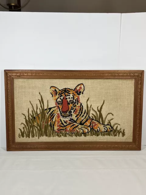 Vintage Tiger Cub Needlepoint Cross Stitch Framed Art 13x22"