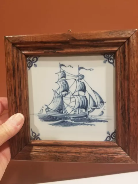 Vintage Makkum Tile Blue Ship Delft Hand Painted Framed Polychrome AVA Holland