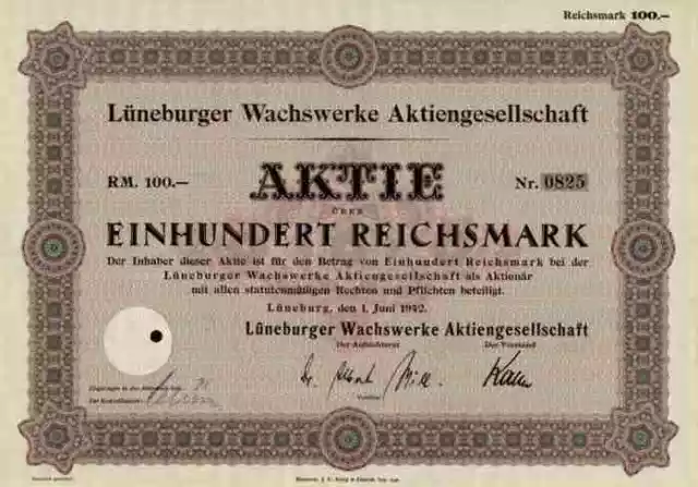 Lüneburger Wachswerke 1942 Lüneburg J. Börstling 100 RM Historische Wertpapiere