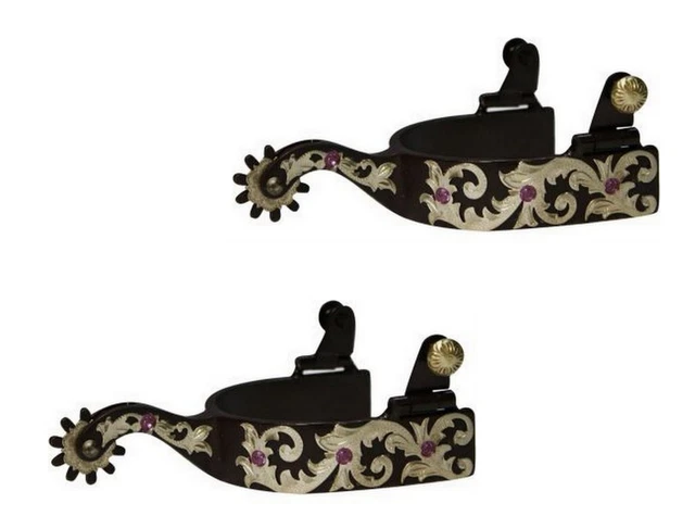 Fancy Engraved Western Saddle Horse Spurs w/ Pink Crystal Rhinestones Bling!