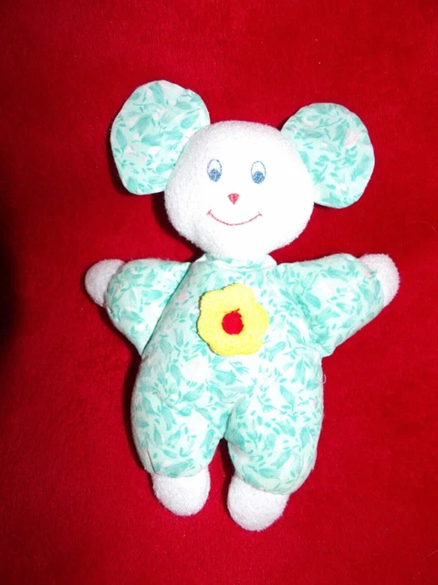 🐭 Ancienne Peluche Souris Ajena - Verte Et Blanche - Doudou Vintage 32929 - Bon état