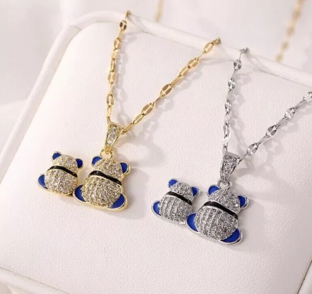 Titanium Silver/Gold Lovely Double Teddy Bear Panda CZ Pendant Chain Necklace