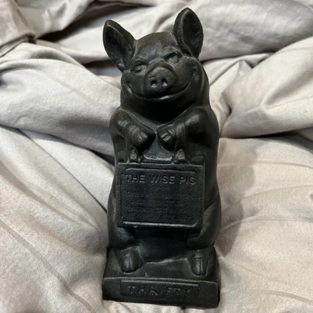 Vintage Cast Iron The Wise Pig THRIFTY Coin Piggy Bank 2.7" x 2.7" and 6.5" tall