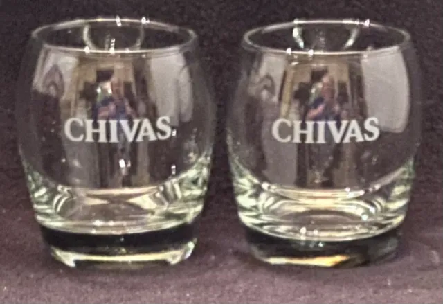 2 CHIVAS REGAL SCOTCH WHISKEY LOWBALL-ROCKS GLASSES-Etched-Rounded-Clear Glass