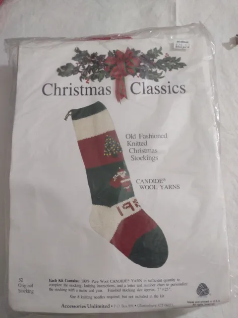 Vtg Christmas Classics Knitted Stocking KIT Candide Wool Yarn 7"x25" New