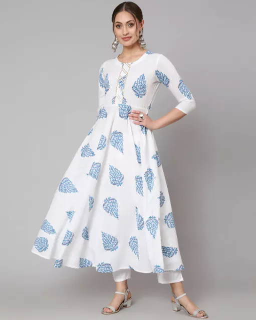 Indian Women White & Blue Floral Printed  Anarkali Kurta Kurti Dress Top Tunic