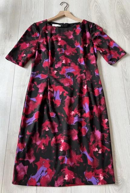 London Times Black Pink Red Floral Short Sleeve Sheath Knit Dress Sz 10