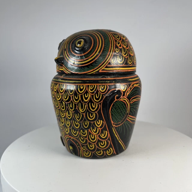 Vintage 5" Burmese Owl Lacquer Decorated Canister Box Container Burma Myanmar 2